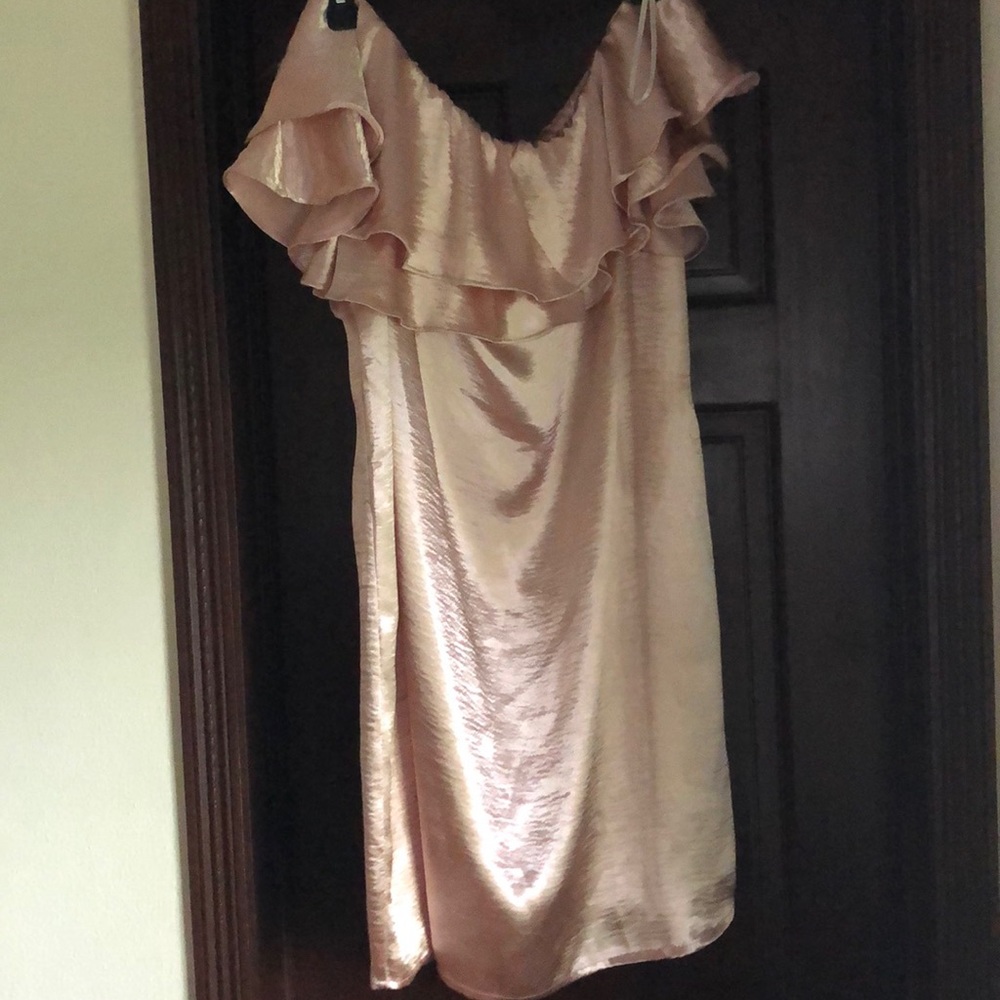 off the shoulder soft pink dress. Very feminine.